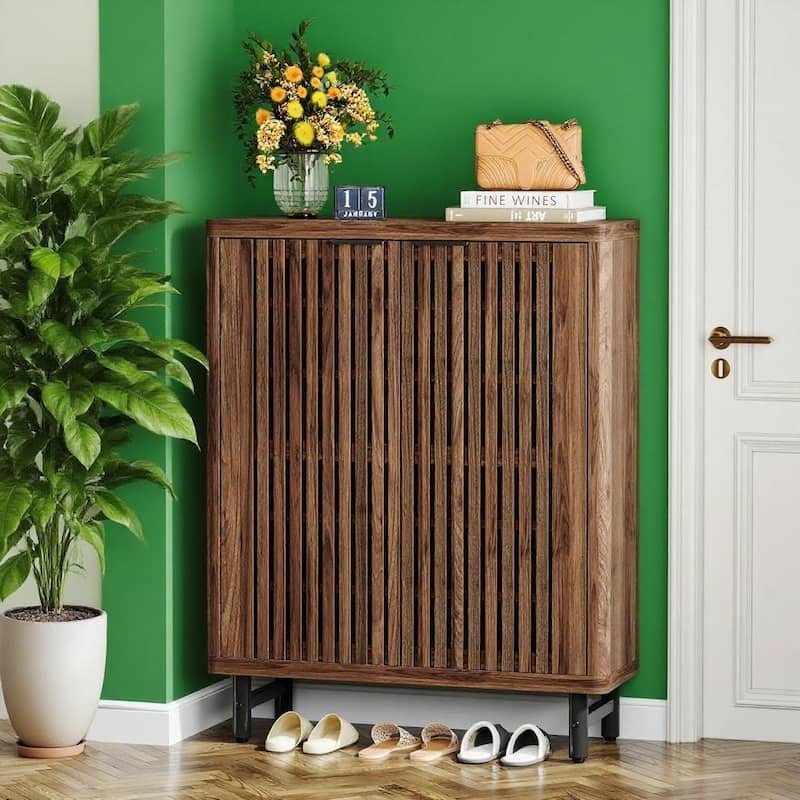 Versatile 6 Tier Shoe Cabinet with Adjustable Shelves Dual Louver Doors Wide Countertop - 33.46" x 13.78" x 43.31"
