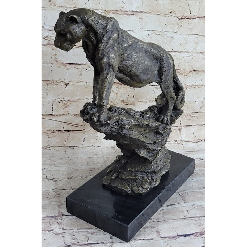Puma Cougar Lioness Mountain Lion Standing On Rock Bronze Sculpture Statue Marble Base
