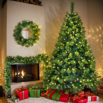 6FT Pre-Lit Green Christmas Tree Set, Xmas Tree & Garland & Wreath - Artificial Christmas Decor with Pinecones