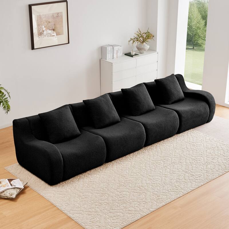 118" Teddy Fabric Boneless Couch, Upholstered 4-Seat Sofa with Curved Armrests, Modular Deep Seat Sofa, No Assembly Required