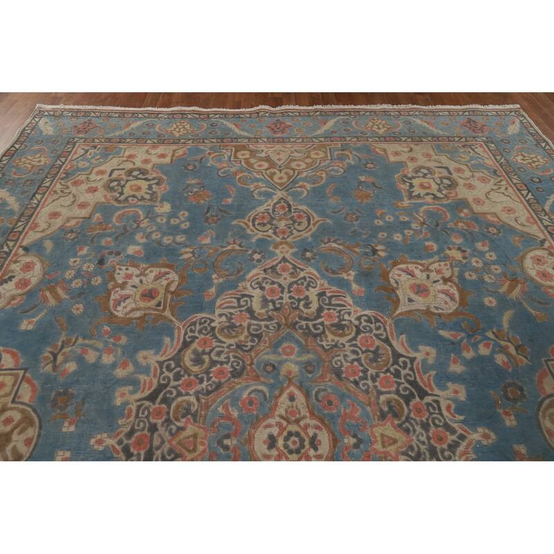 Distressed Blue Tabriz Persian Antique Area Rug Handmade Wool Carpet - 9'3" x 12'8"