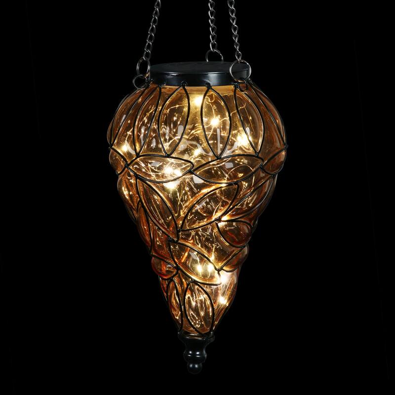 Exhart Solar Tear Shaped Hand Blown Glass Hanging Lantern with Fifteen LED lights, 7 by 24 Inches
