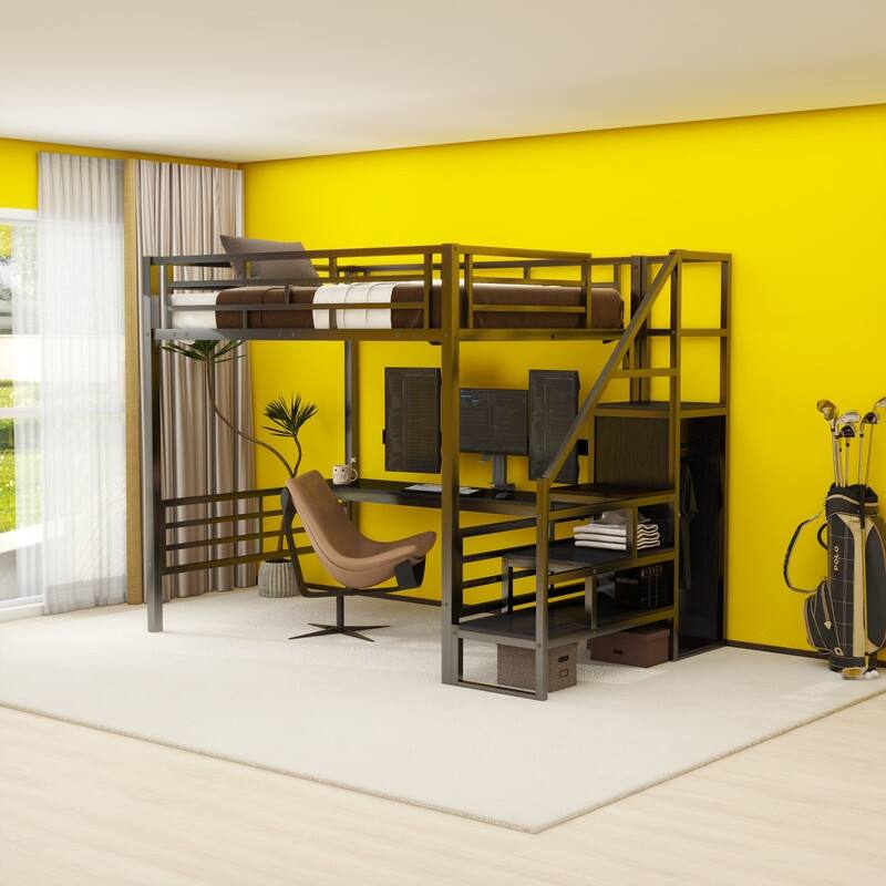 FullSize Loft Bed Metal Made with Builtin Desk and Storage stairs