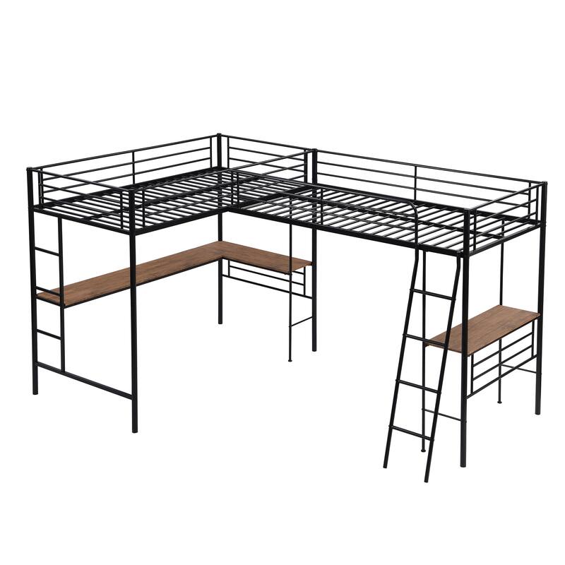 Twin Size LShaped HeavyDuty Metal Loft Bedframe w/Two Builtin Desks