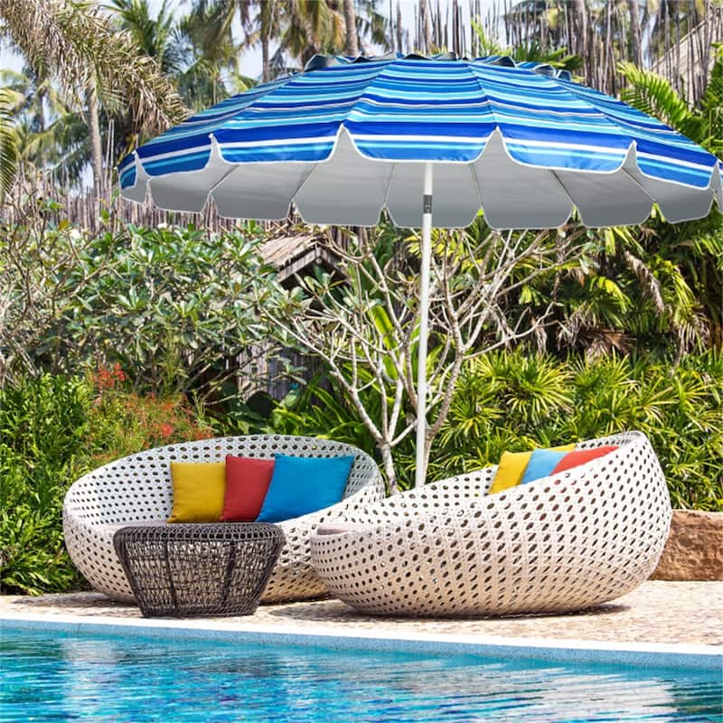 Large 8ft Beach Umbrella with Tilt and 16 Fiberglass Ribs for Beach or Patio Carry Bag Included
