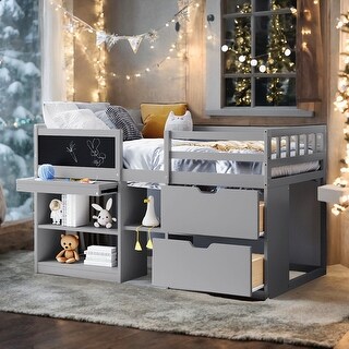 Stylish & Simple Twin Size Low Loft Bed with Rolling Desk, Shelf and Drawers, Solid Construction & Versatility galore, Grey