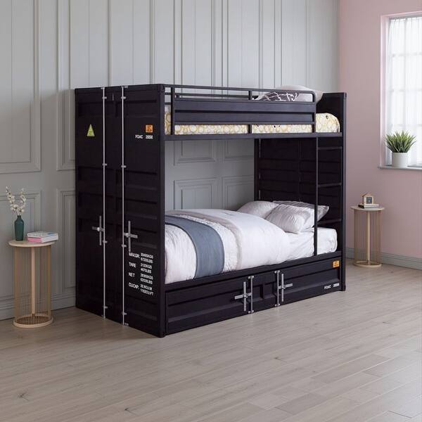 slide 2 of 6, Ariel Twin Over Twin Bunk Bed, Built in Ladder, Guardrails, Black