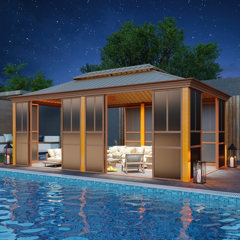 Outdoor Hardtop Sunroom Gazebo with Double Roof & Sliding Doors, All-Season Aluminum Outdoor Pergola, PE Screens&Lockable Design - 12' x 20'