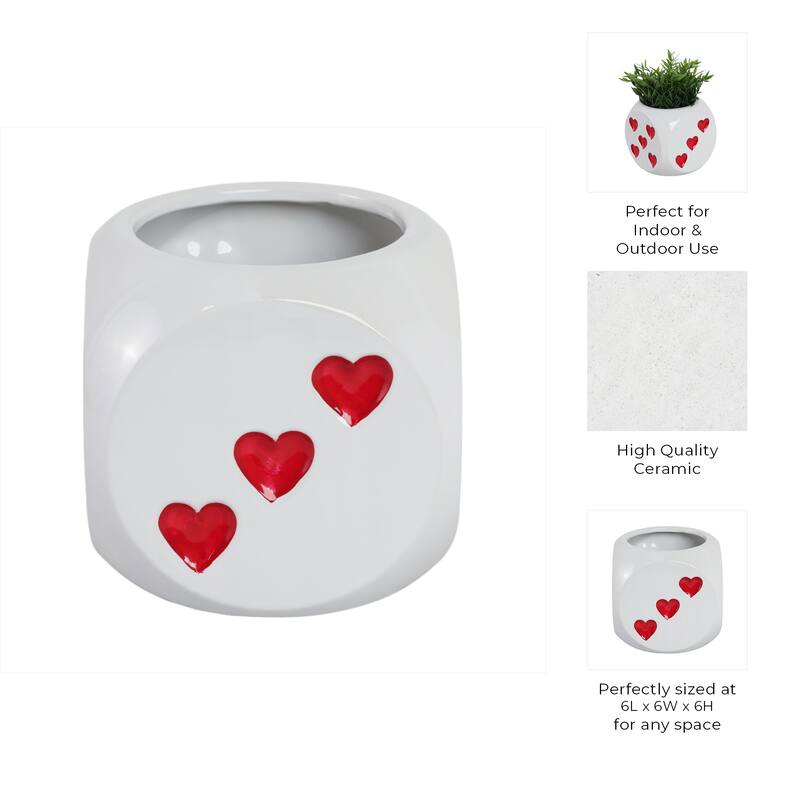 Ceramic Planter Heart Graphic Dice-Inspired Decorative Plant Holder - 6" x 6" x 6"