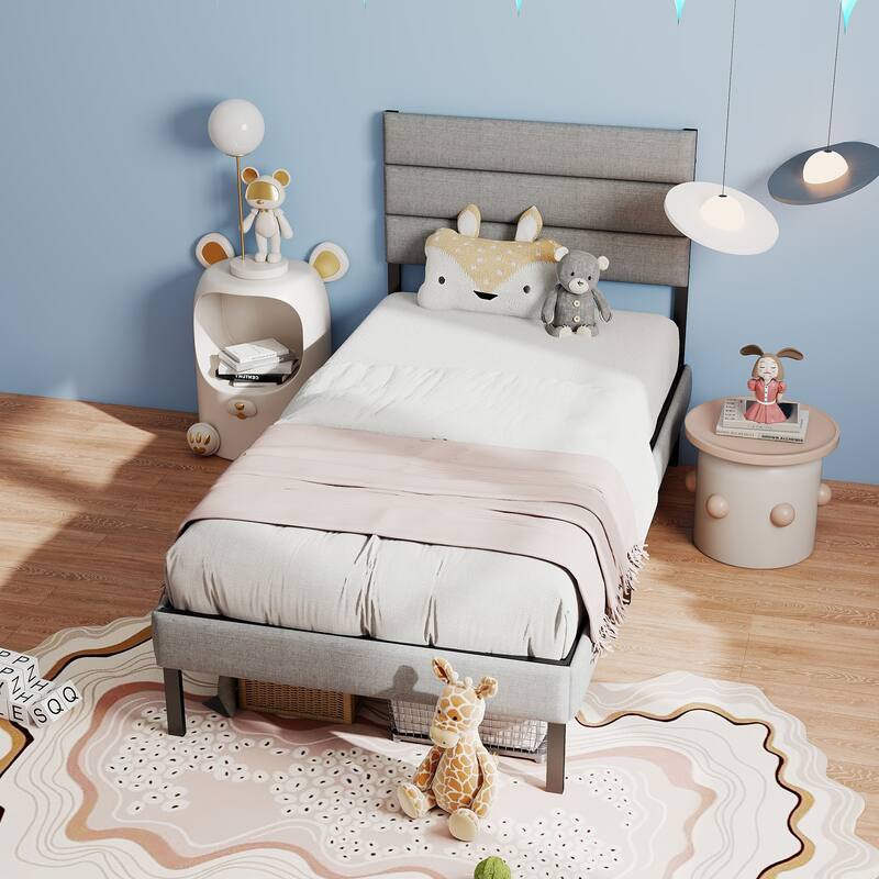 Modern Twin Size Upholstered Bed Frame with Headboard & 14'' Underbed Storage, No Box Spring Needed - Grey+Black