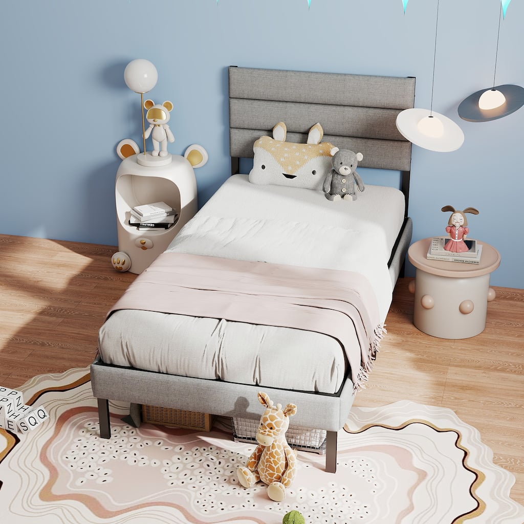 Modern Twin Size Upholstered Bed Frame with Headboard & 14'' Underbed Storage, No Box Spring Needed