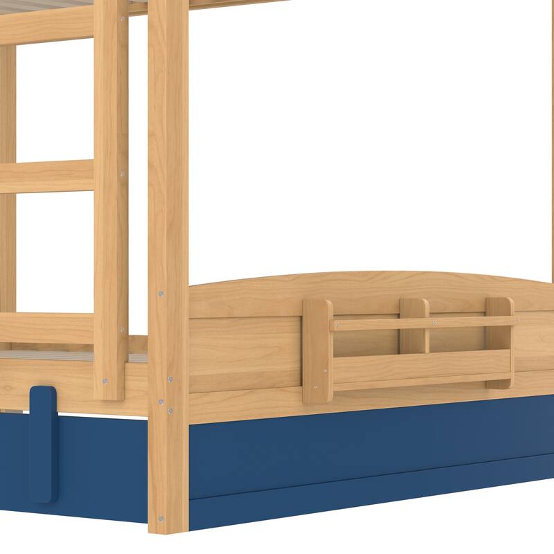 Kids Bed Wooden Bunk Bed with Trundle and Built-in Storage Bookshelves