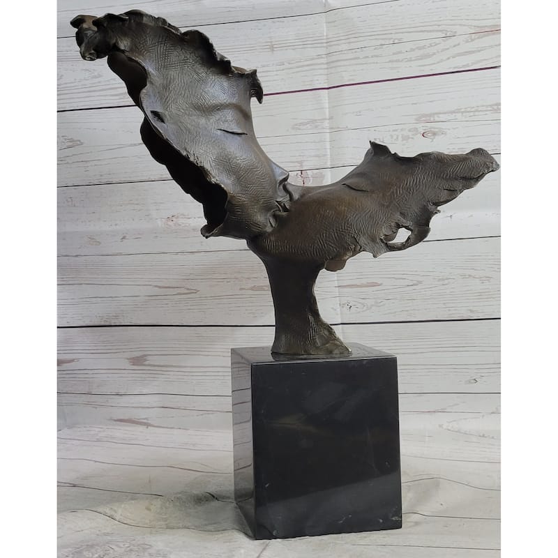 Lovers Romanic Kissing Faces Abstract Surrealist Bronze Sculpture Statue Salvador Dali On Marble Base