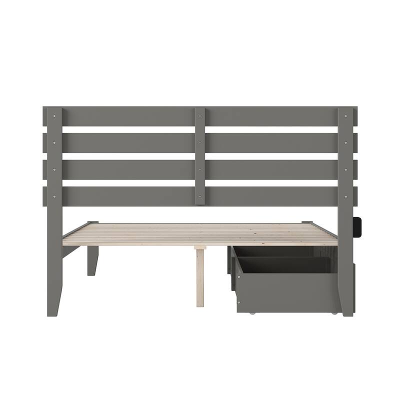 Platform Bed with Drawers & USB Charger - Grey Finish - Solid Wood - No Box Spring Needed