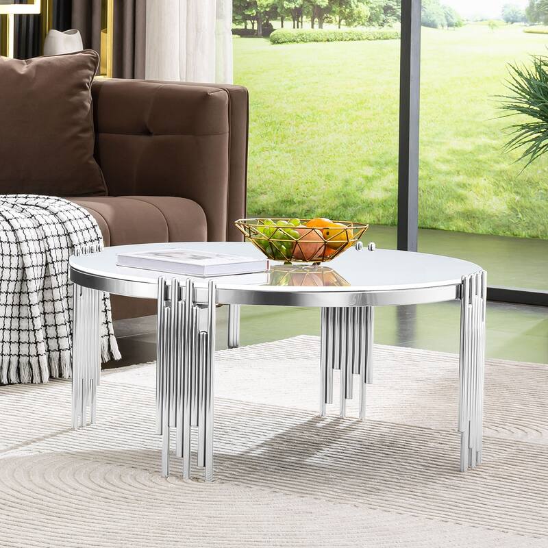 Modern 36" Round Coffee Table with Tempered Glass Top and Polished Chime-Shaped Legs - Silver