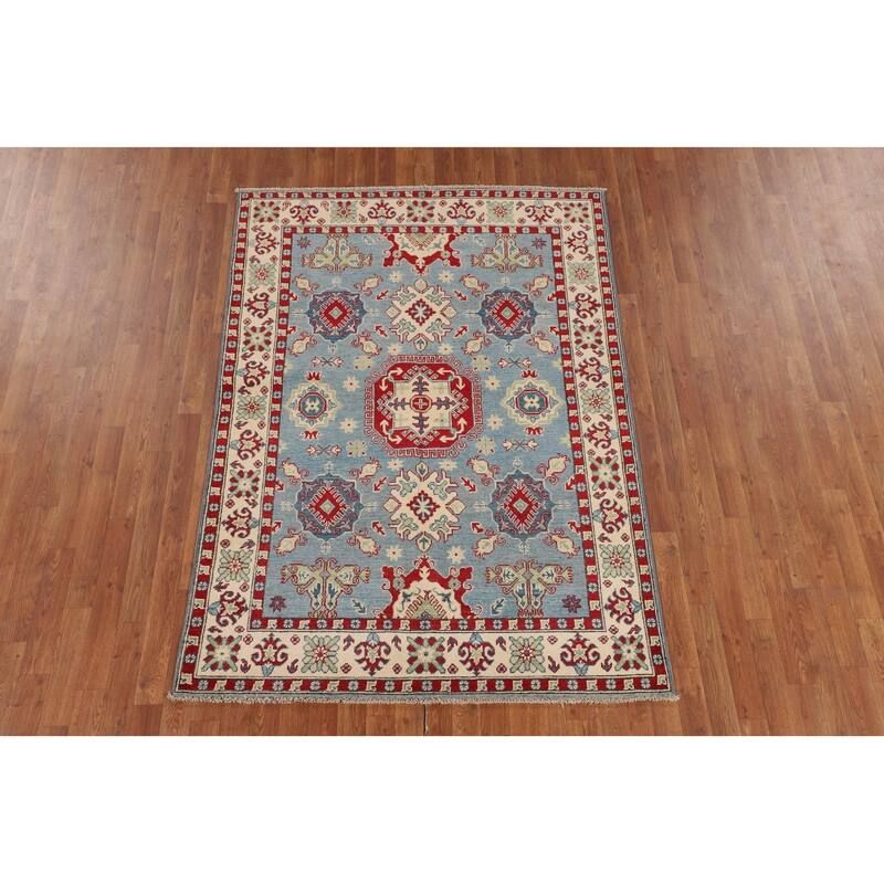 Light Blue Traditional Kazak Oriental Rug Hand-Knotted Wool Carpet - 4'9" x 6'10"