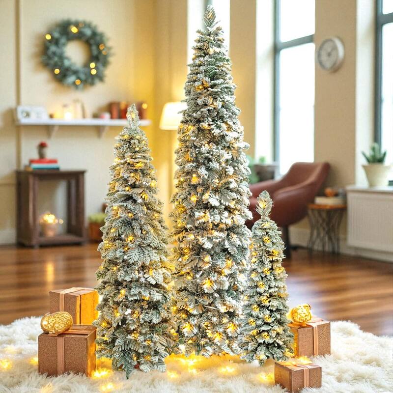 Set of 3 Pre-Lit Pencil Christmas Trees 4ft 6ft 8ft, Flocked Slim Fir, 290 LED Lights, 11 Modes