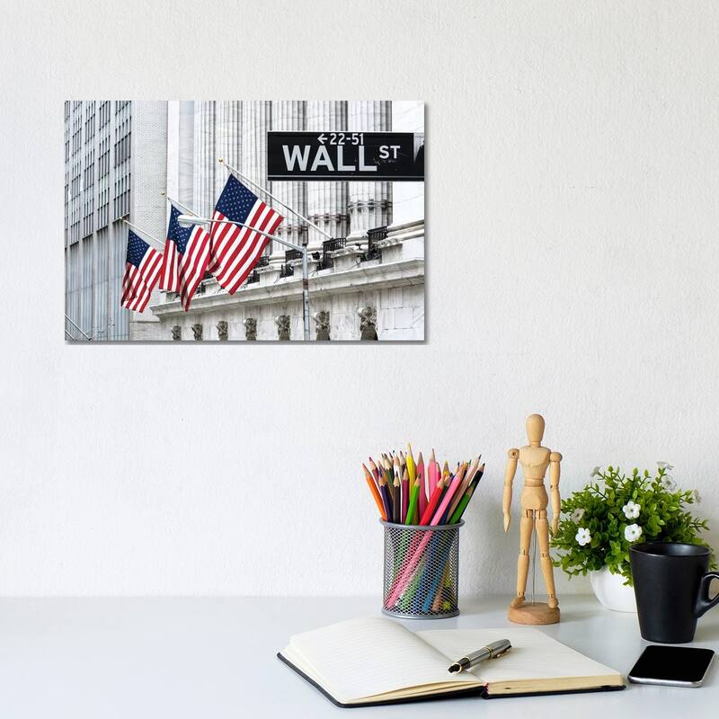 iCanvas "American Flags & Wall Street Signage, New York Stock Exchange, Financial District, NYC" by Matteo Colombo Canvas Print - 8x12x0.75