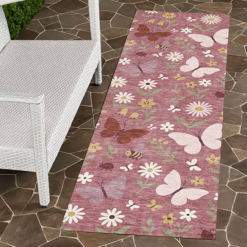 Machine Washable Indoor/ Outdoor Whimsy Butterfly Chantille Rug - Mauve - 2'3" x 7'6"