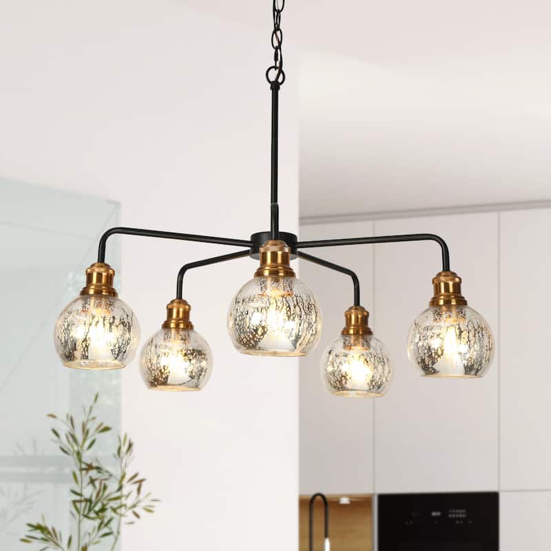 Vespa Mid-century Modern Glam 5-Light Brass Wheel Dining Room Chandelier with Globe Art Mercury Glass - 28.3'' D x 21.5'' H