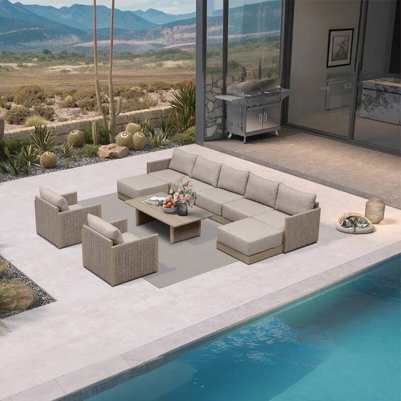 PURPLE LEAF Santorini 4-13 Piece Khaki Sofa with Ottoman and Cushion for Poolside Garden Couch Outdoor Patio Conversation Sets - 9-Piece+1-Table - Symmetrical