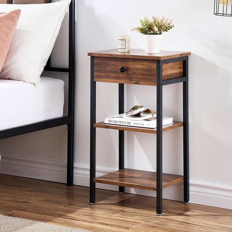 VECELO Set of 2 Modern Nightstands with Drawer & Open Shelves Slim Bedside Table for Small Space Bedroom and Living Room