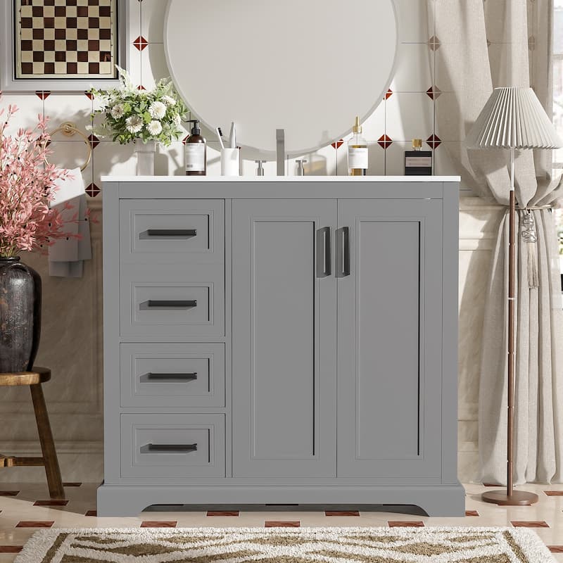 36" Modern Bathroom Vanity with Ceramic Sink, Soft-Close Door, Adjustable Shelf & 3 Drawers, Ample Storage. - Gray