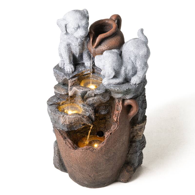 Glitzhome 4-Tiered Dogs or Elephant and Pot Polyresin Outdoor Fountain with Pump and LED Light