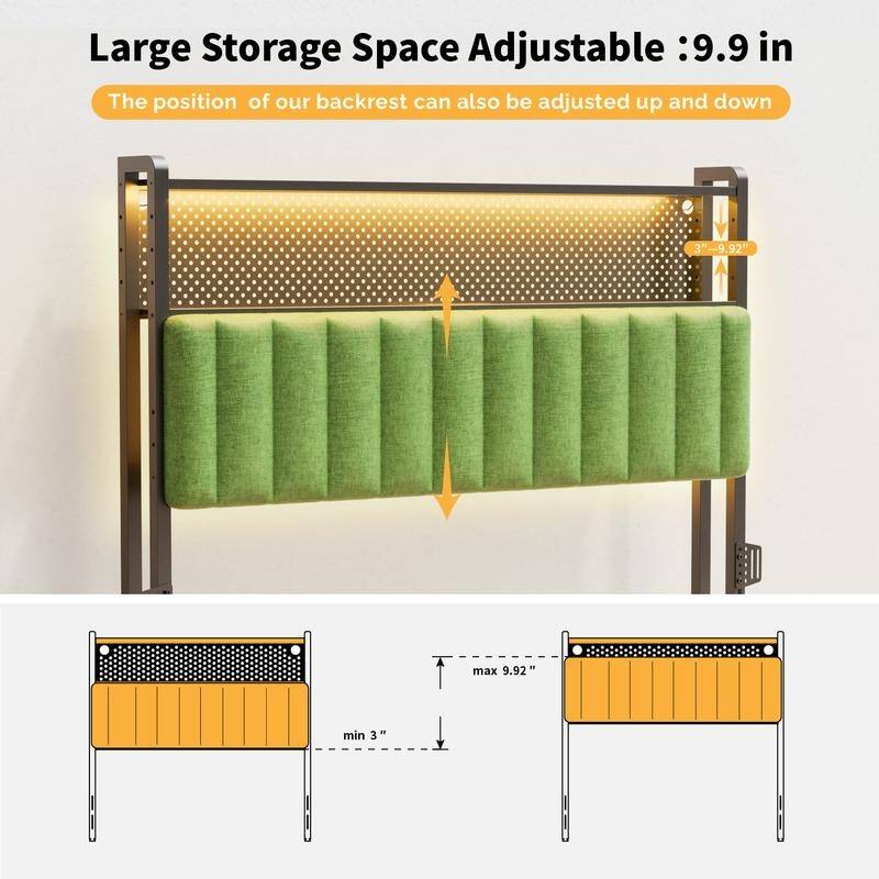 Adjustable Upholstered Headboard with 2 Tier Shelves with Charging Stations and LED Lights, Modern Bed Headboard with Storage