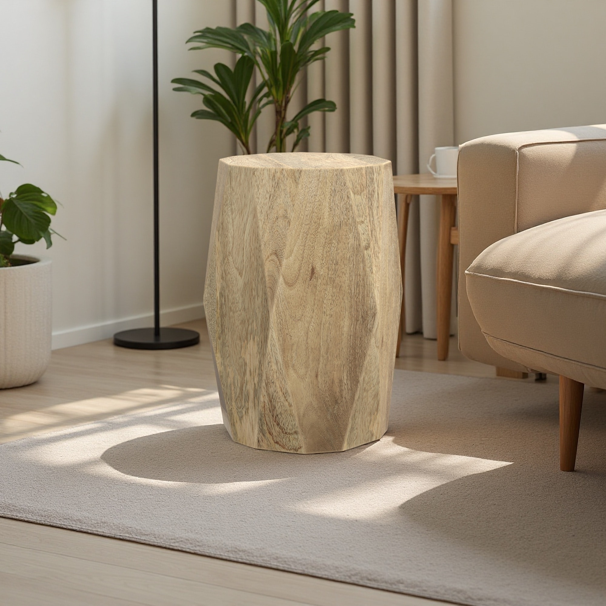 15" Solid Mango Wood Faceted Round Side Table, Natural Finish, Sculptural Accent End Table