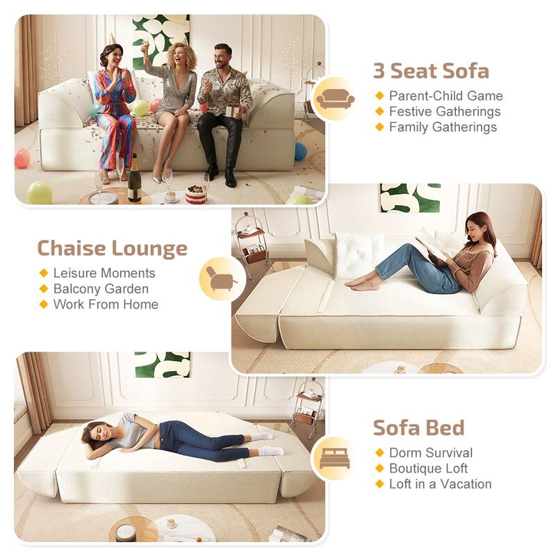 GDFStudio - 78.7" Frameless Corduroy Upholstered 2-in-1 Convertible 3-Seater Sofa Bed with High-Density Foam Backrest & Pillows