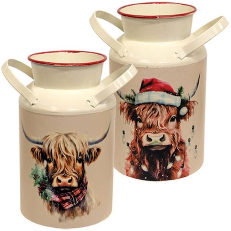 Vintage Cream Metal Milk Can with Highland Cow Print 2 Asstd. - Multi