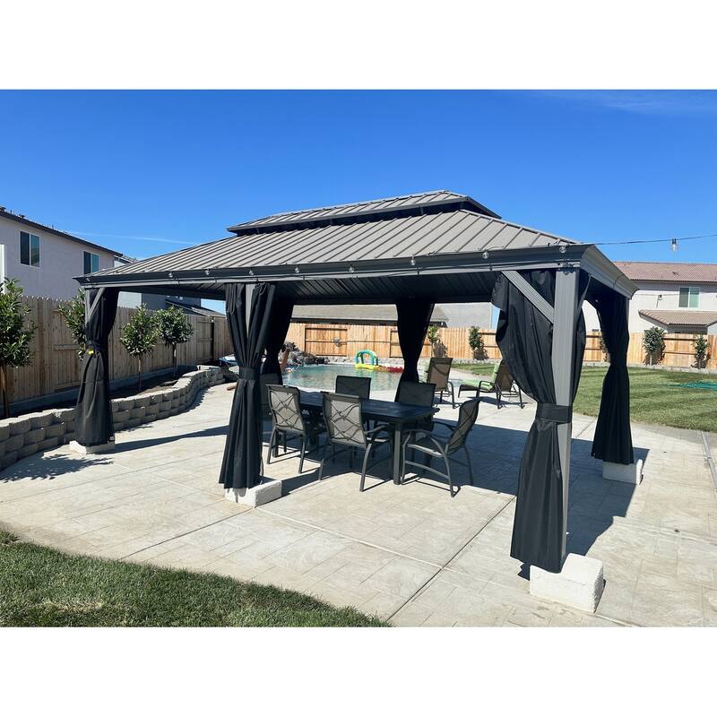 PURPLE LEAF Patio Gazebo for Backyard Hardtop Galvanized Steel Frame with Upgrade Curtain - Light Grey