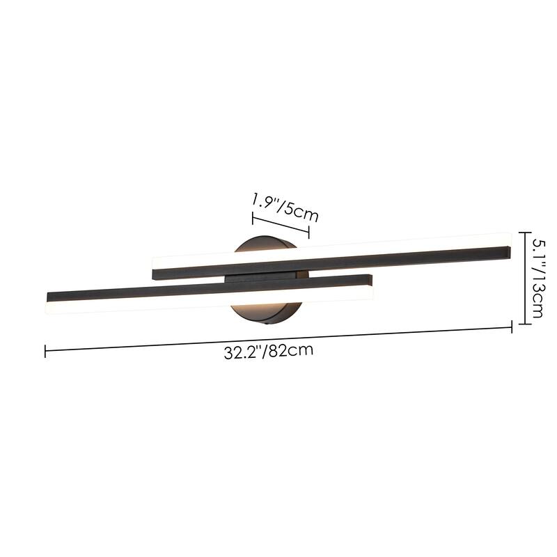 32.28 in. 2-Light Modern Black Linear LED Vanity Light with Light Bars, Damp Rated for Bathroom