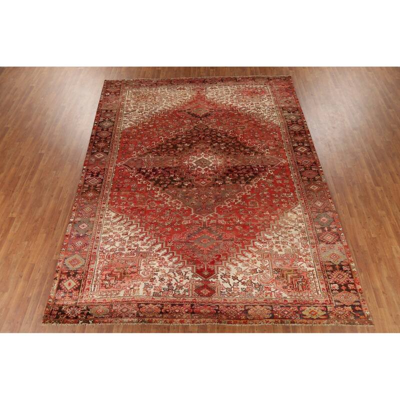 Red Geometric Heriz Persian Vintage Area Rug Handmade Wool Carpet - 9'10"x 12'8"