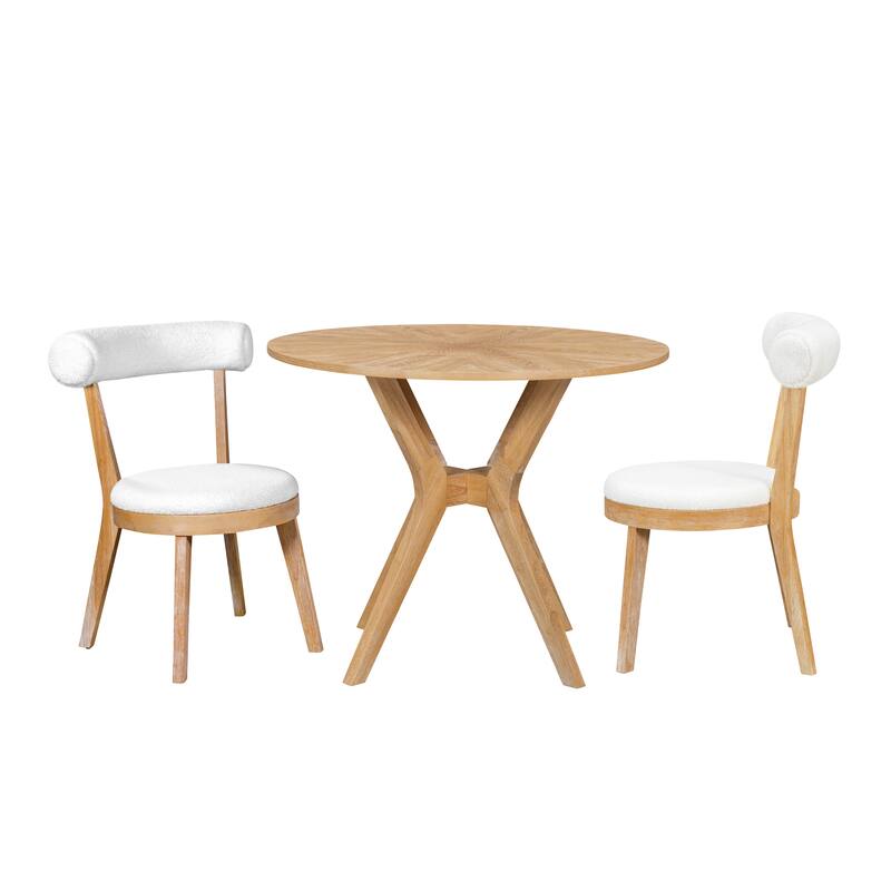 Mid-Century Modern 39.4" Round Dining Table Set with 2 Chairs, Intersecting Wooden Legs, Rubberwood & Plywood Construction