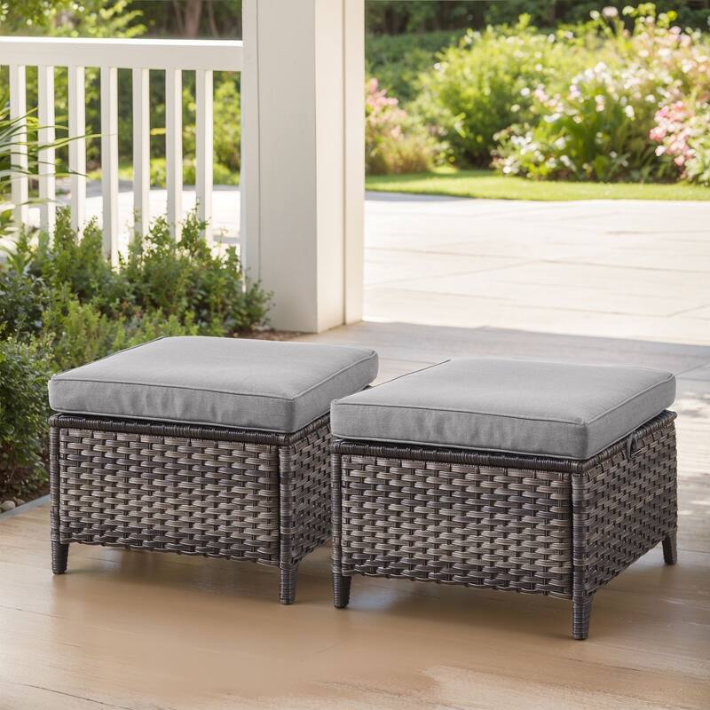 Outdoor Patio Ottoman for Swivel Chairs - Grey Wicker Grey Cushion - 2 Pieces Ottoman