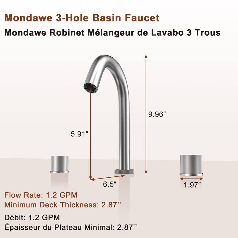 Mondawe Deck Mounted 8 Inch Widespread Double-Handle Bathroom Faucet in Brushed Nickel for Bathroom, Vanity, Laundry