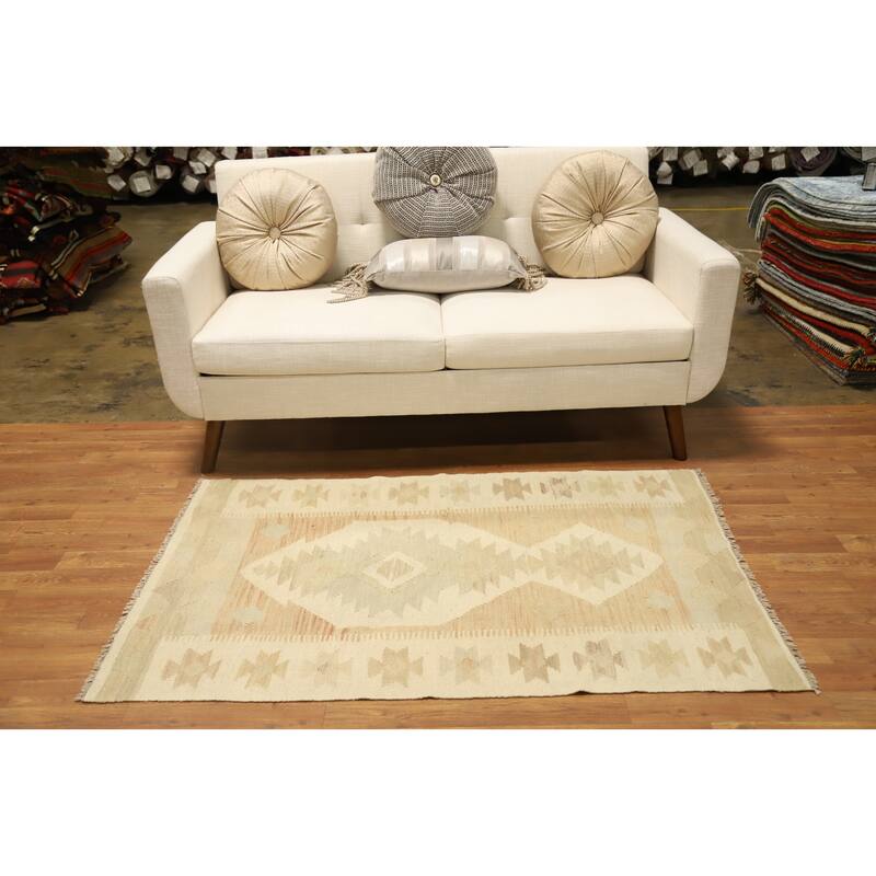 Hand Woven Oriental 100% Wool Carpet Southwestern Tribal Beige & Ivories Kilim Area Rug - 4' 9'' X 3' 1''