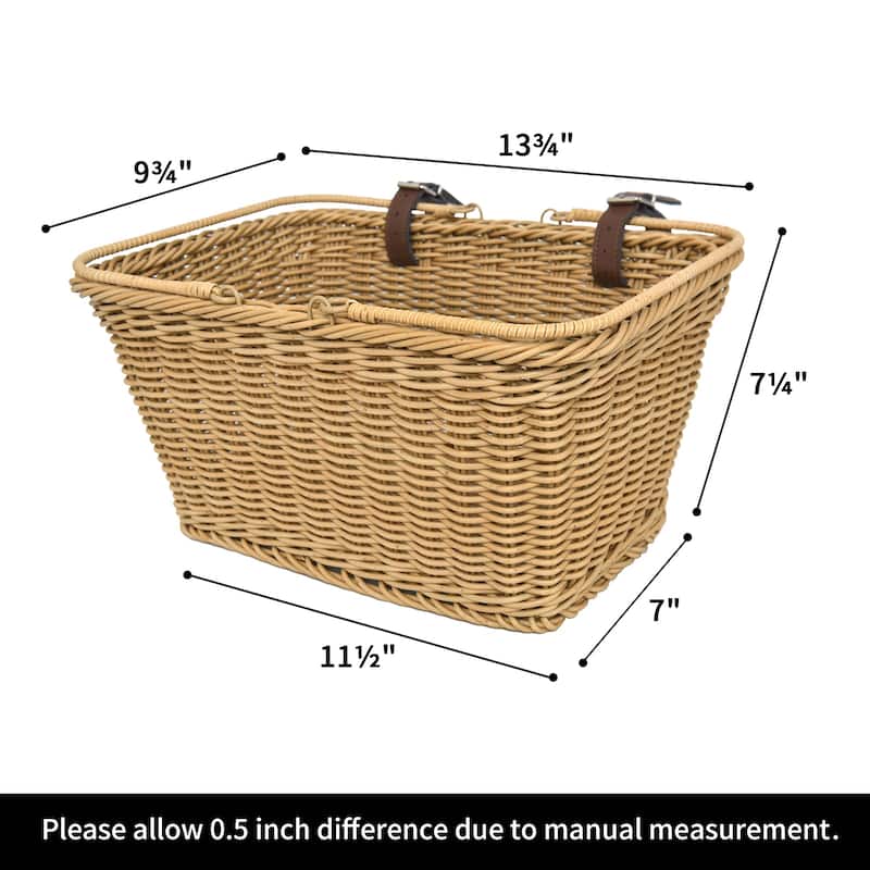 Front Bike Basket, Picnic Wicker Basket with Handle - 9.75"D x 13.75"W x 7.25"H