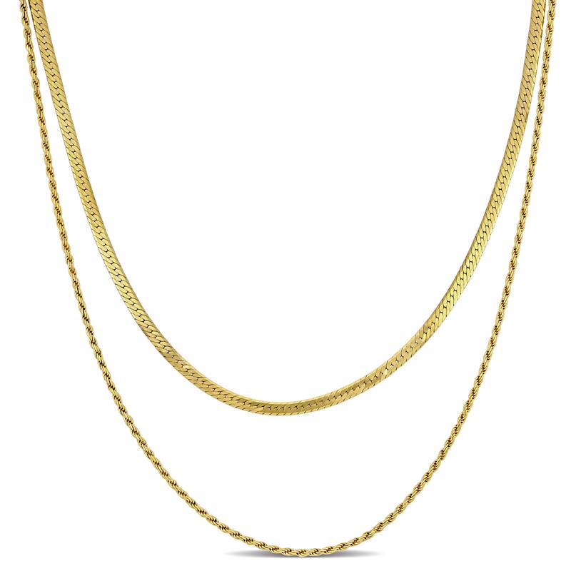 Miadora Double-Strand Herringbone and Rope Chain Necklace in Yellow Silver