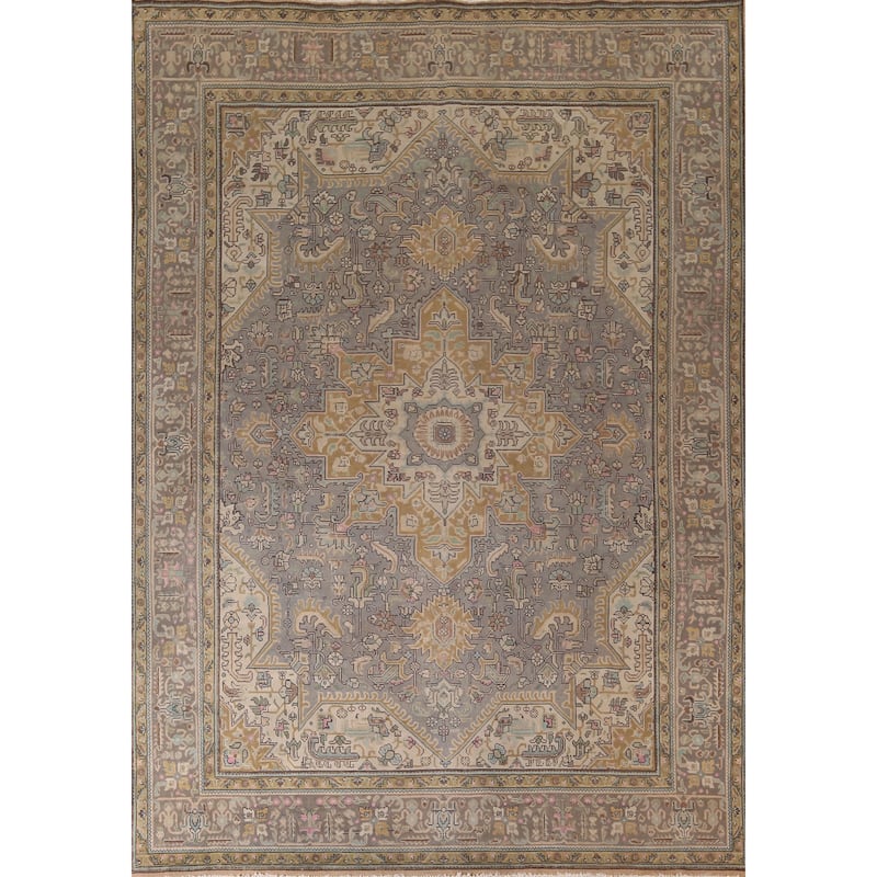 Gray Tabriz Persian Vintage Rug Hand-Knotted Medallion Wool Carpet - 9'8"x 12'9"