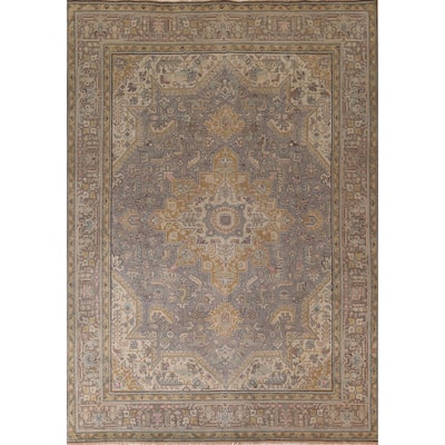 Gray Tabriz Persian Vintage Rug Hand-Knotted Medallion Wool Carpet - 9'8"x 12'9"