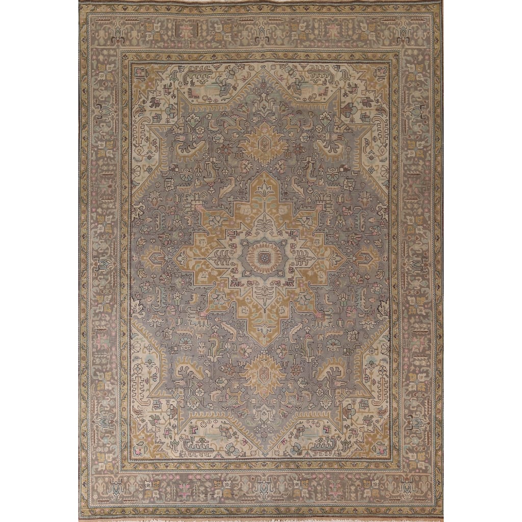 Gray Tabriz Persian Vintage Rug Hand-Knotted Medallion Wool Carpet - 9'8"x 12'9"