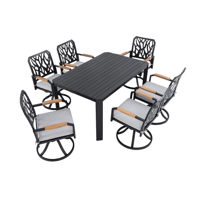 7-Piece Modern Patio Dining Set – Includes 6 Aluminum Swivel Rockers with Sunbrella Cushions & Rectangular Table. - Bourbon Brown