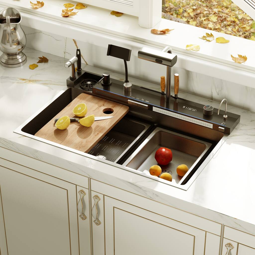 29.4 Inch Smart Kitchen Sink Workstation with LED Display, Multi-Function Faucet, Cutting Board & Drain Control