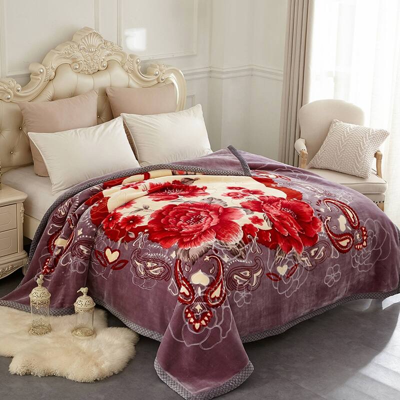 Korean-style 2-ply Printed Pattern Plush Mink Fleece Blanket - Queen - Grey