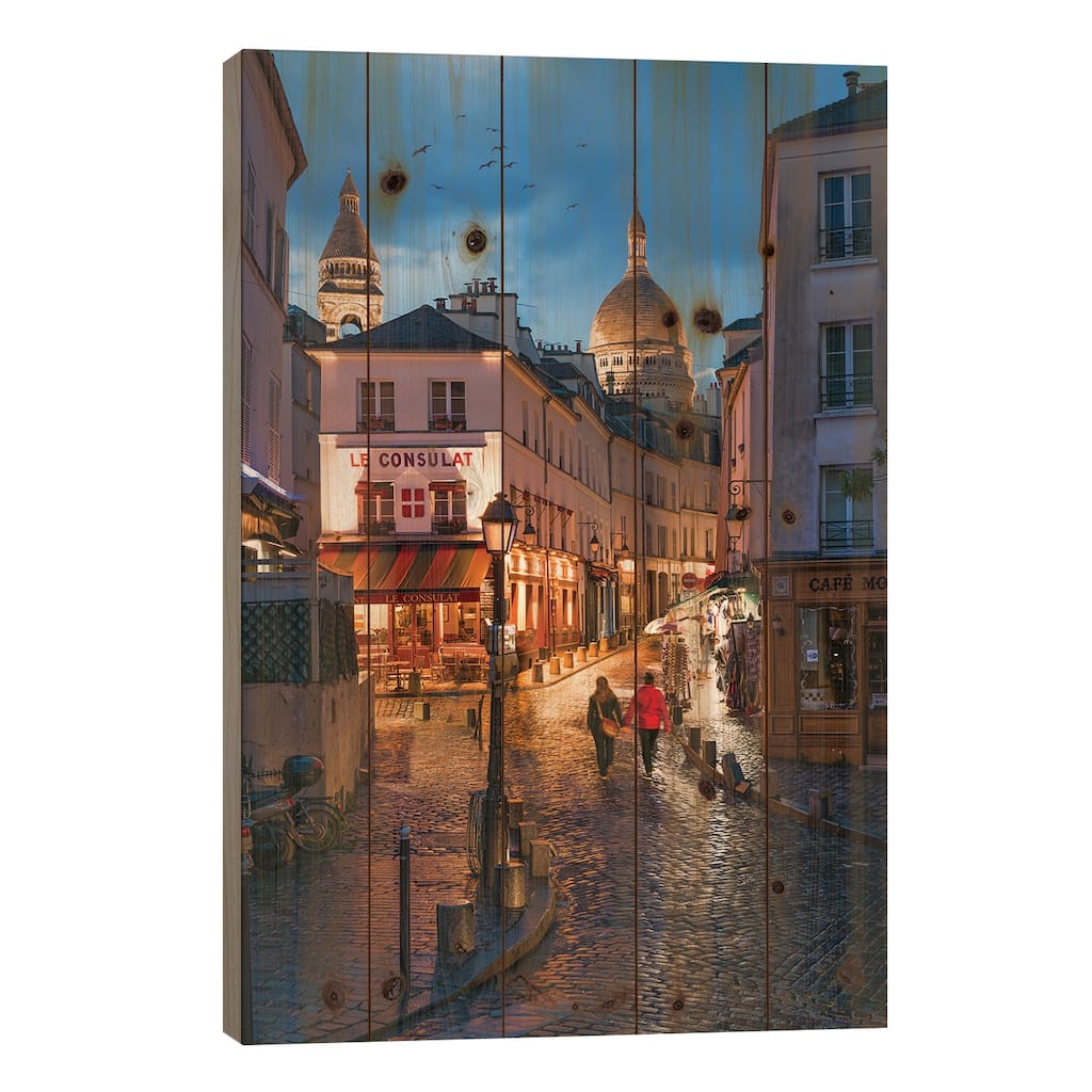 Streets Of Montmartre At Night With Sacré-Cœur Basilica In The Background, Paris, France Print On Wood by Jan Becke