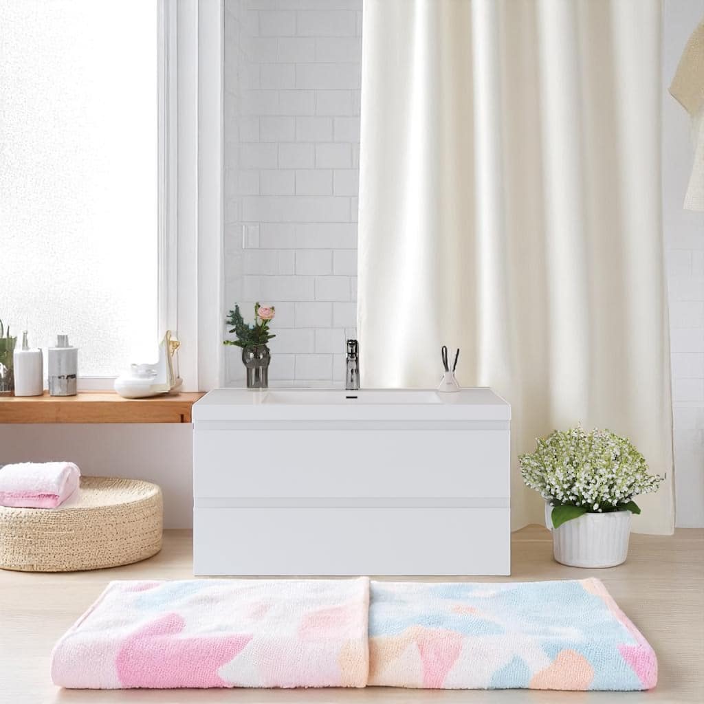 42" Wall-Mounted Bathroom Vanity with Glossy White Resin Sink - Modern Floating Bathroom Cabinet with Soft-Close Hinges