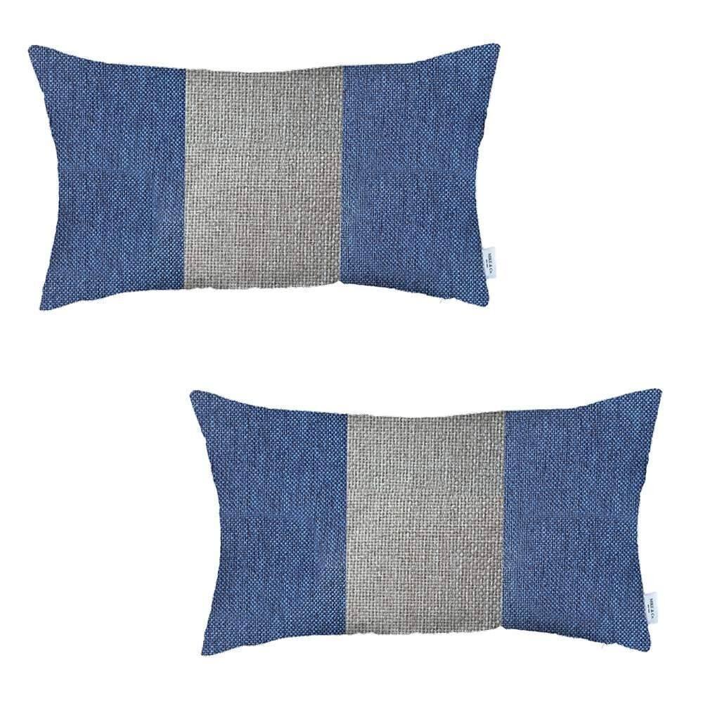HomeRoots Set Of Two 20" X 12" Grey And Blue Geometric Zippered Handmade Polyester Lumbar Pillow